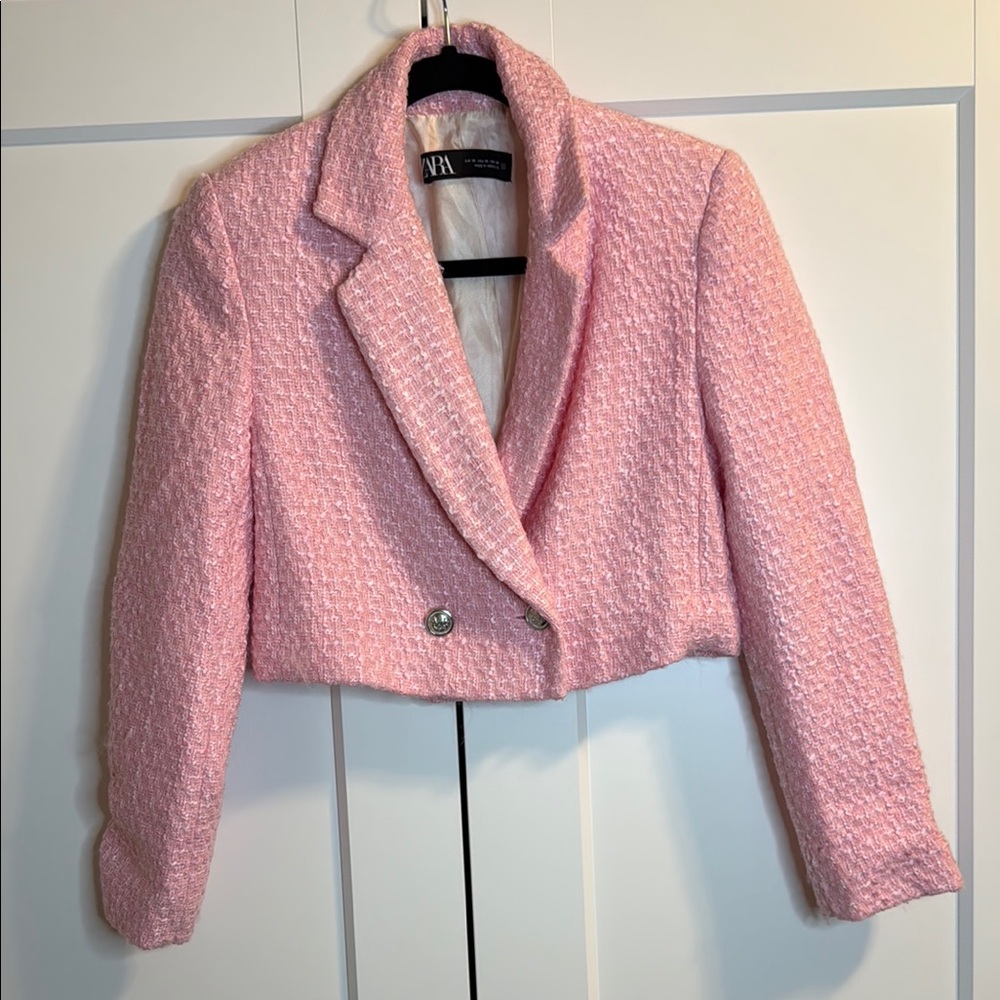 Zara Pink Bouclé Blazer Modern Cropped